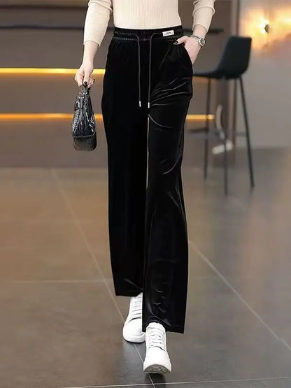 Fashionable Gold Velvet Wide Leg Pants Women's Winter Loose Slimming High Waist Fleece Casual Straight Long Trousers