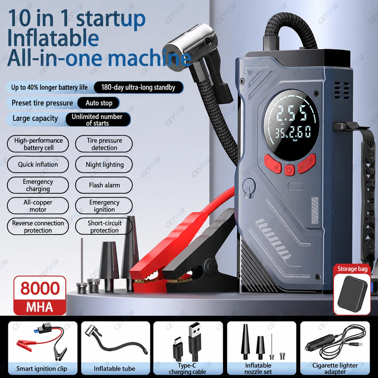 CEYYOR 4IN1 Car Jump Starter With Air Compressor.Portable Booster Starting Device for Petrol Diesel Cars with Lithium Batteries