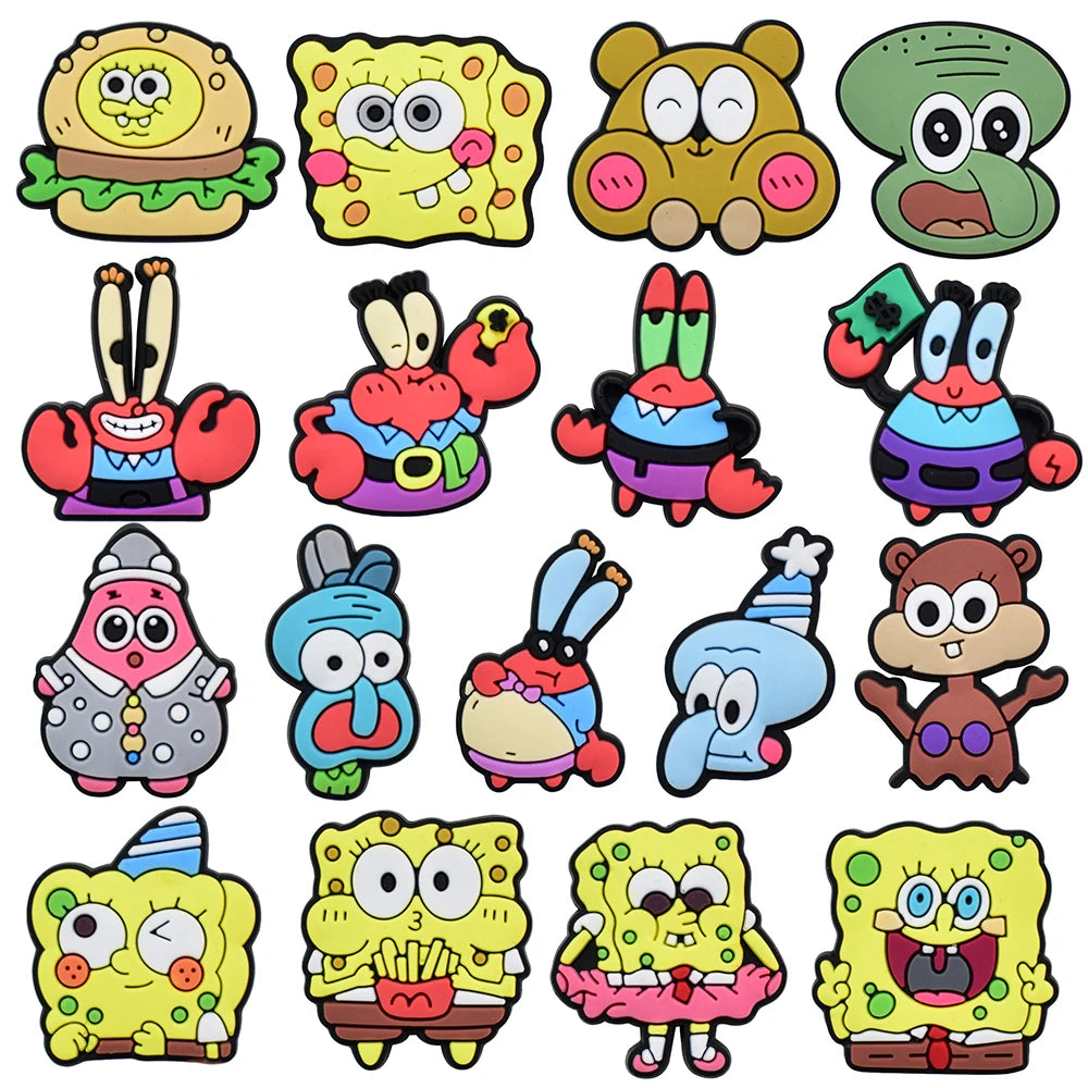 17-100Pcs Cartoon Shoe Charms Spongebob Shoes Decoration Accessories Bubble Slides Clog Sandal Buckle Kids Party Gifts