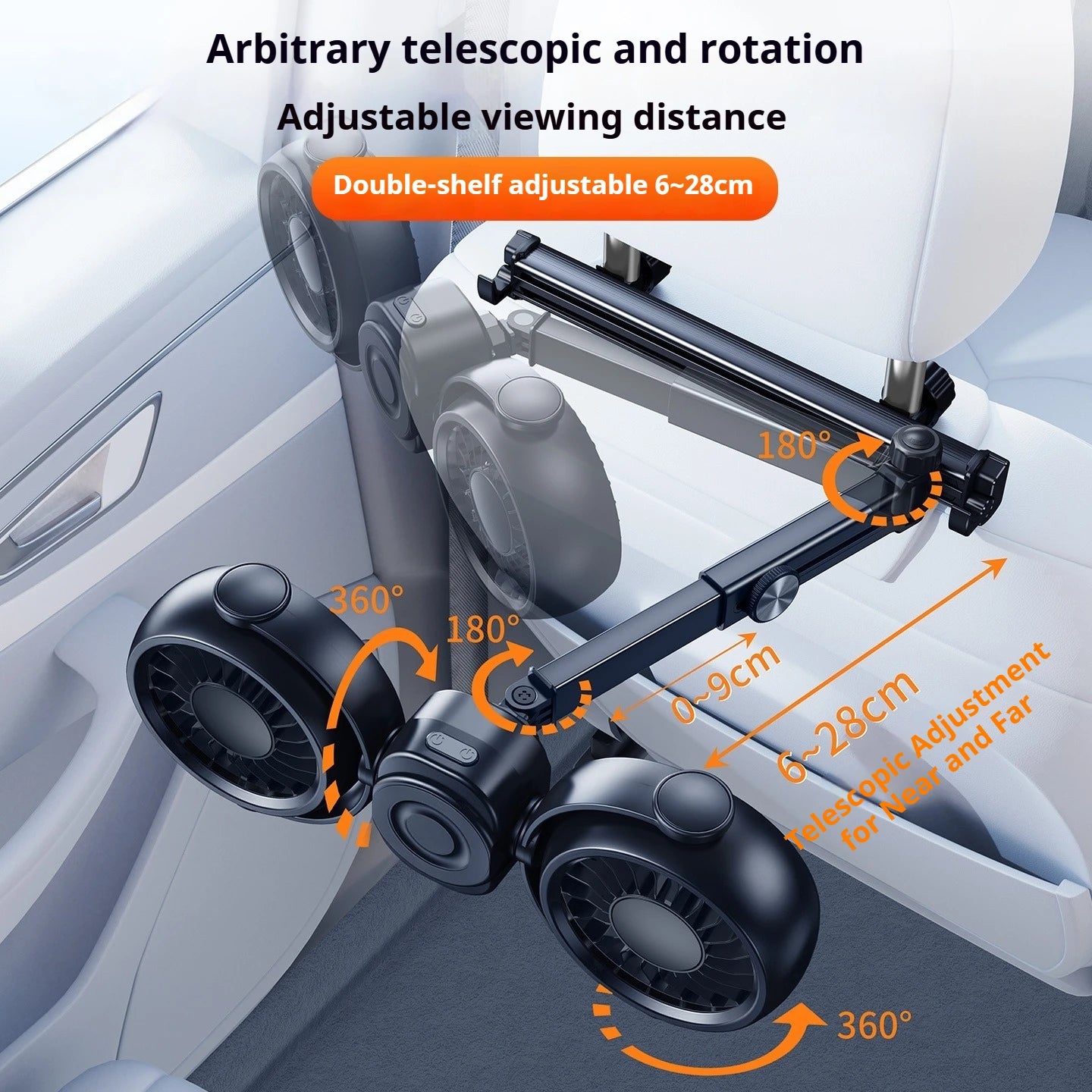 Eary Powerful Car Rear Seat Fan Dual Head 4000mAh 3 Speeds Wind 360°Car Back Headrest Fas With Magnetic Phone Holder Hidden Hook