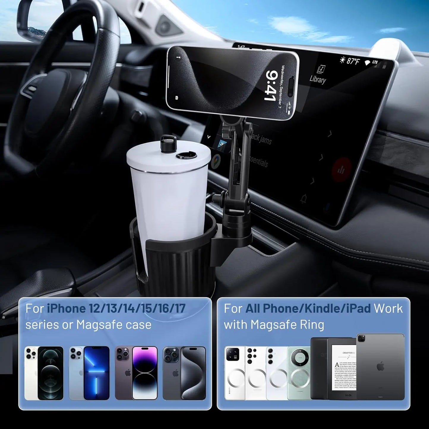 Magnetic Cup Holder Phone Mount, Compatible with MagSafe, 4.1" Base Adjustable Height Car Cup Holder Secure Fit for Car or SUV