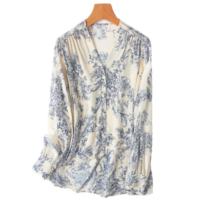 Women Silk Shirt 100% Mulberry Crepe Silk White Floral Printed Buttons Down Long Sleeve Top Blouse Office Lady M L XL M1129