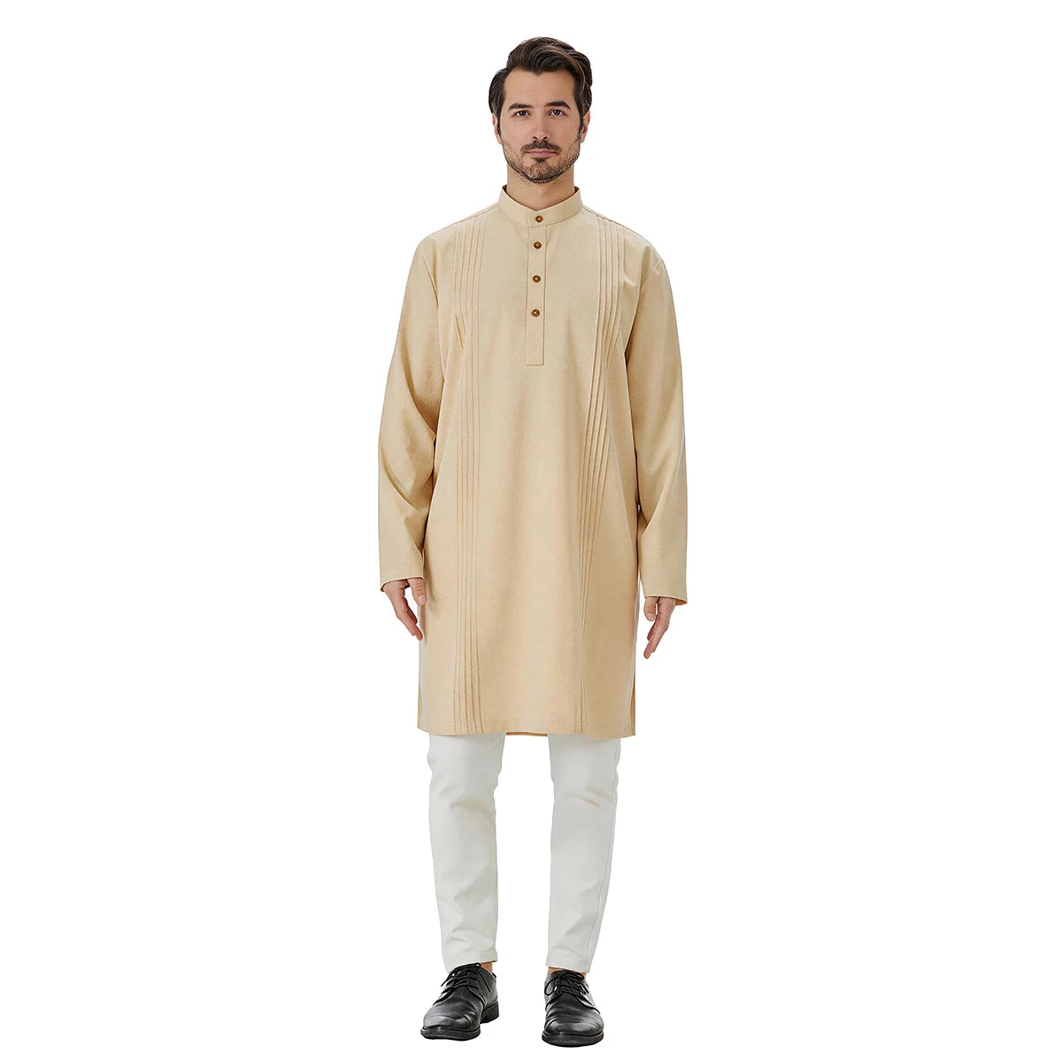 TH851 Men's Muslim Middle Eastern Men Long Sleeves Under-Knee Length Solid Color Stand Collar Robe Arab Male Jubba Thobe