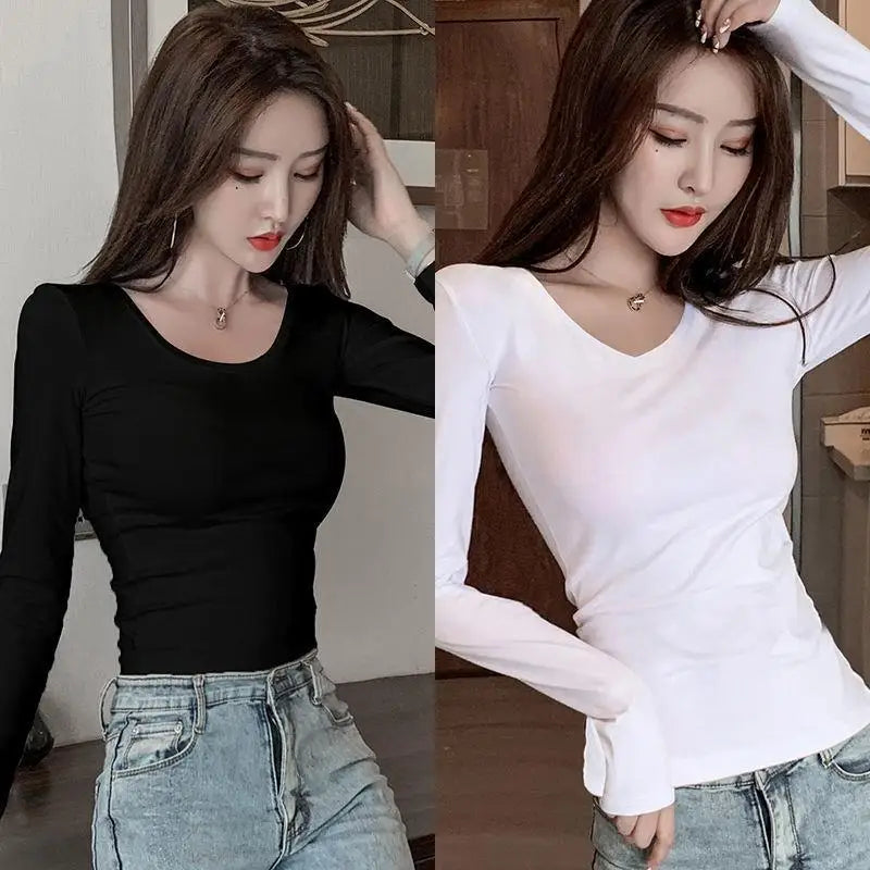 Women's Slim Fit Long Sleeve round Neck T-Shirt Base Layer Shirt Inner And Outer Wear Autumn Style Commute Korean Version