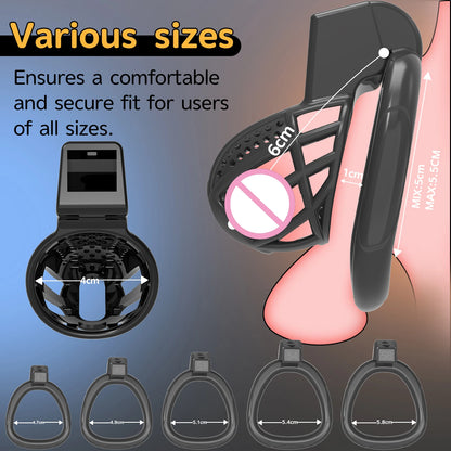 Secure Adjustable Male Chastity Harness Kit with Birdcage Cage - 5 Ring Sizes Black Penis Chastity Device for Long Term Wear, Co