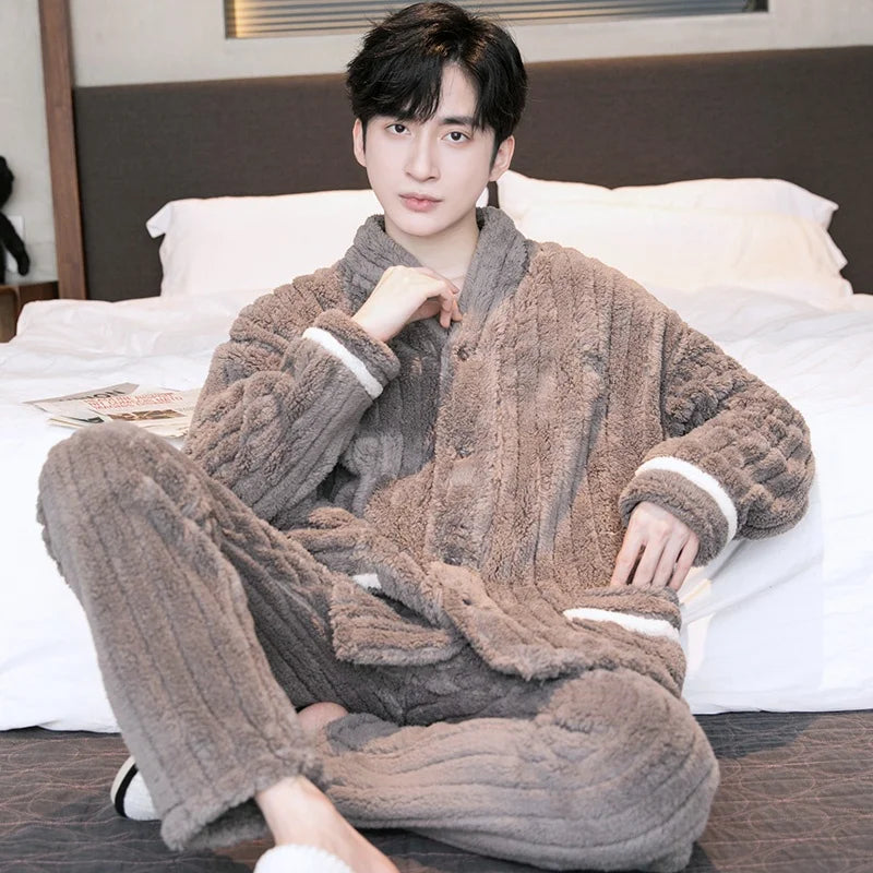 Thick Coral Fleece Sleepwear Men's Autumn Winter Casual Large Size Outdoor Wearable Flannel Home Clothes Set V-Neck Long Sleeve