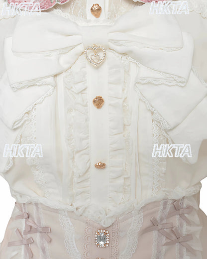 Japanese Mass Produced New Sweet Doll Collar Lolita Strawberry White Shirt Female 2026 Spring Pleated Lace Bow Blouses Top Women