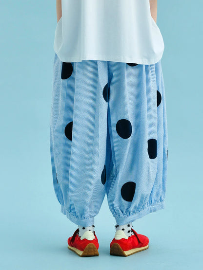 Sky blue pants 2025 imakokoni summer Japanese pure cotton foam yarn blue and white striped polka dot thigh pants 255045