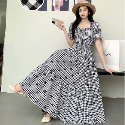 Summer New Cotton Silk Floral Print Maxi Dr ort Sve Beachwear High Waist Young Women's Large Skirt Swing Dr
