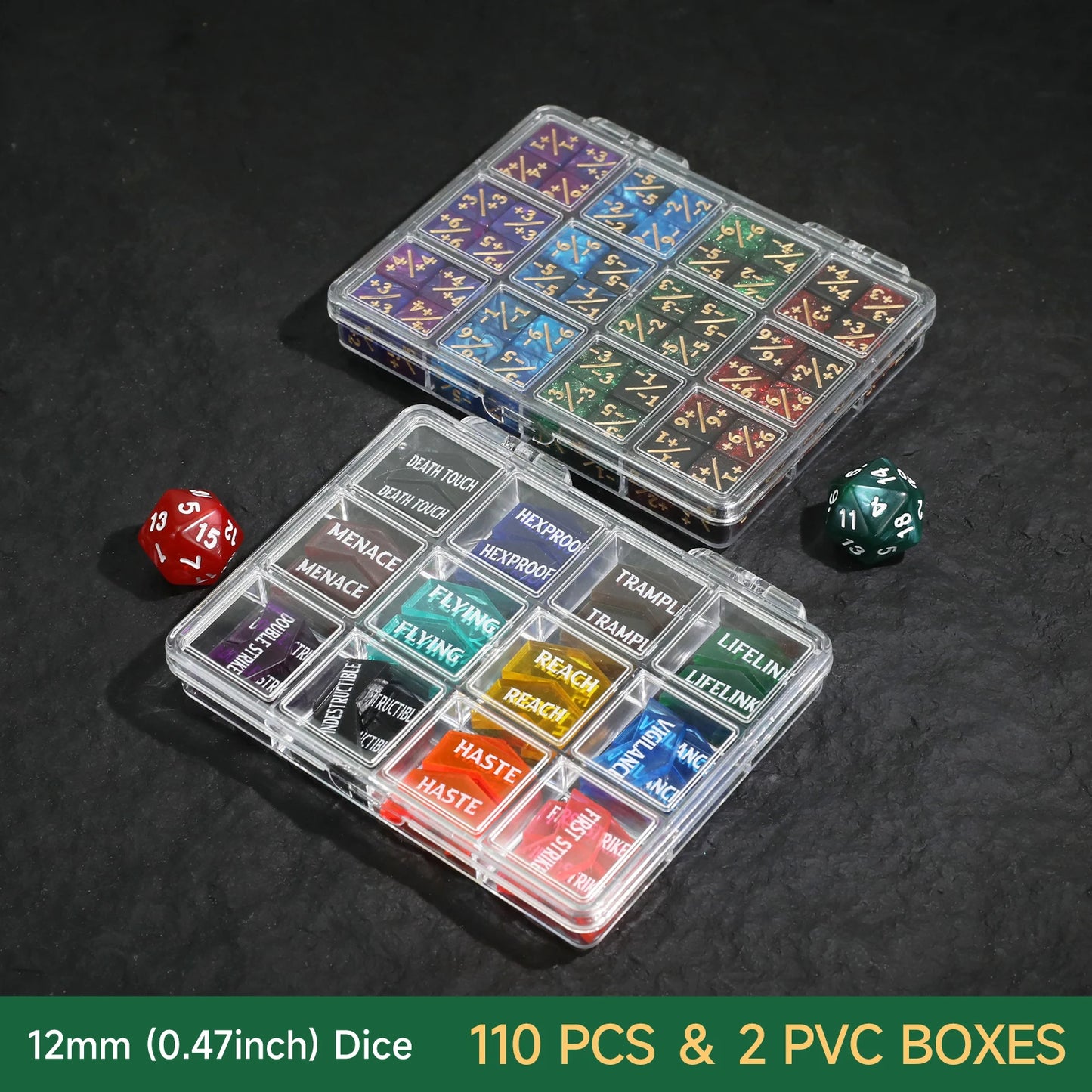 110PCS MTG Dice Tokens Set Keyword Counters +1/+1 & -1/-1 Counters 2xD20 Life Trackers, 12mm Size with Storage Box, Compatible