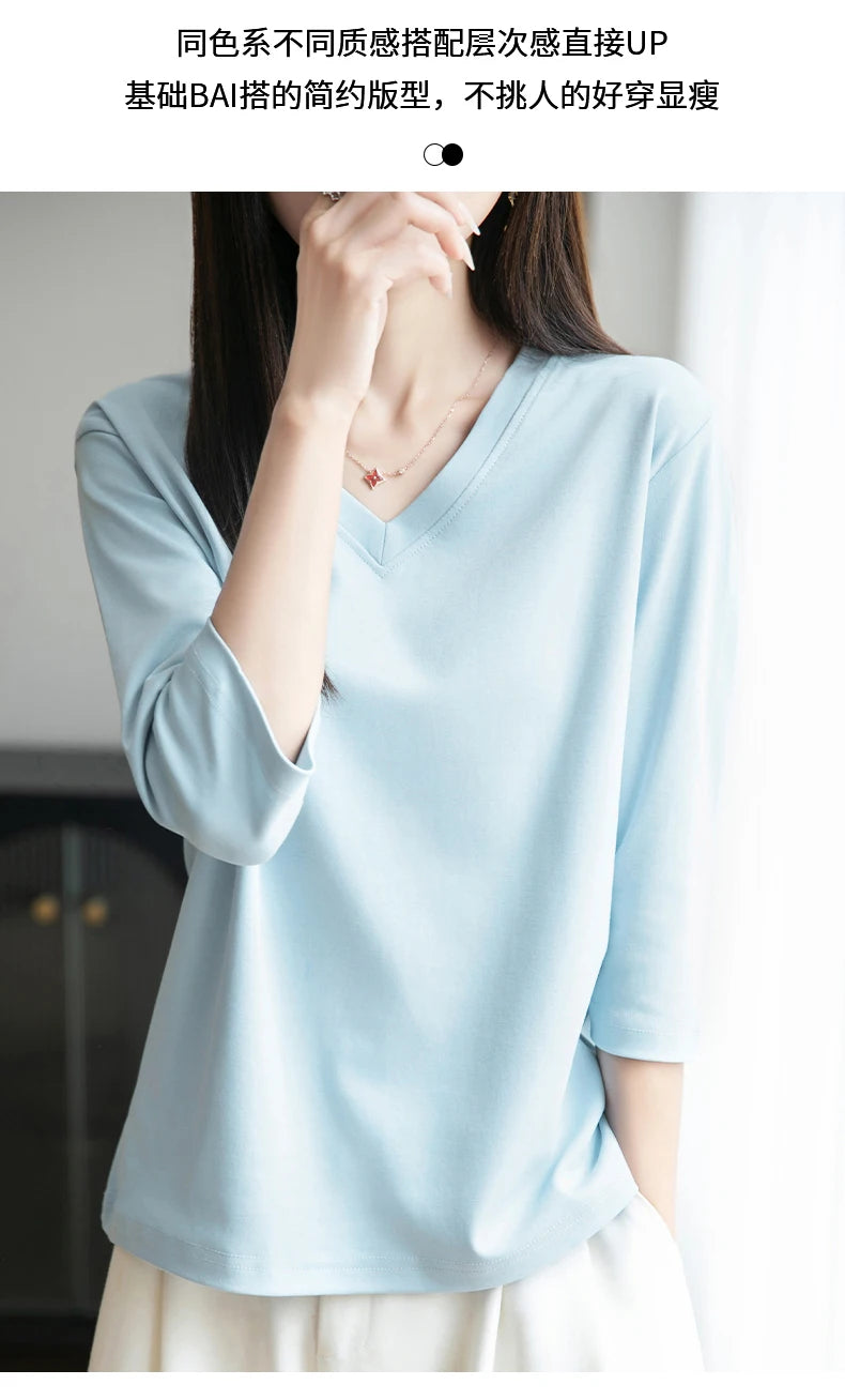 Spring And Summer New White Mercerized Cotton Cropped Sleeve T-shirt Feminine Joker 100% Cotton Bottoming Shirt Half Sleeve