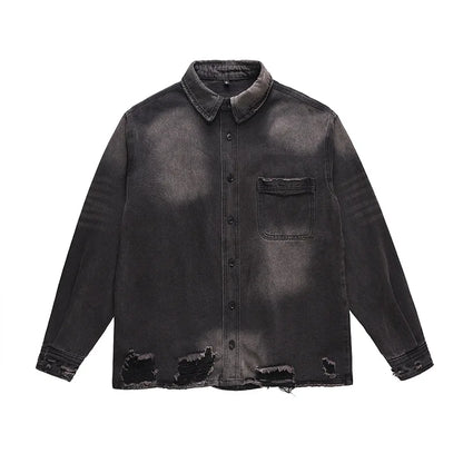 Men's High Street Ripped Jeans Jacket Fashion Streetwear Washed Vintage Loose Fit Y2K Distressed Denim Trucker Coat Outerwear