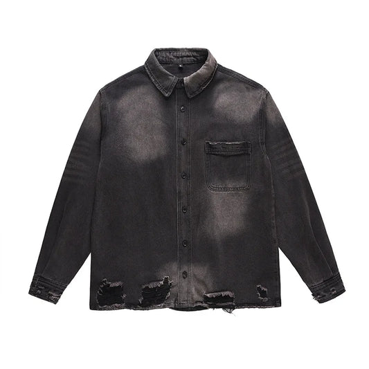 Men's High Street Ripped Jeans Jacket Fashion Streetwear Washed Vintage Loose Fit Y2K Distressed Denim Trucker Coat Outerwear