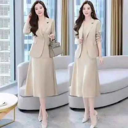 plus Size Women's Dress Suit Set Sleeveless Long Dress with Jacket Autumn Fashion Slimming Two-Piece Set High Waist Korean Style