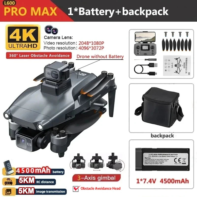 L600 PRO / PRO MAX GPS Drone Professional 4K 3-Axis PTZ HD Dual Camera Obstacle Avoidance Brushless Motor 5G WIFI Security Dron