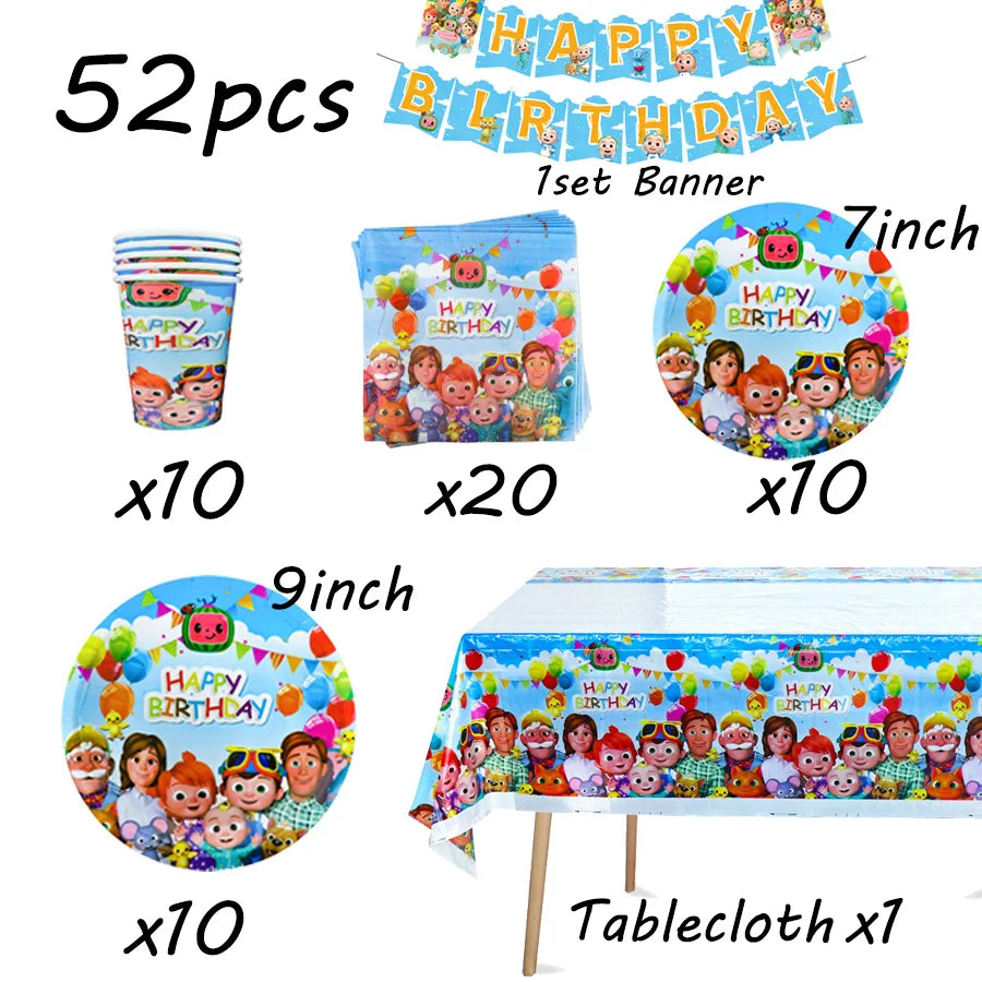 Cocomelon Birthday Party Decoration Tableware Set Birthday Cup Plate Napkin Tablecloth Cake Topper Balloon Party Favors Gifts
