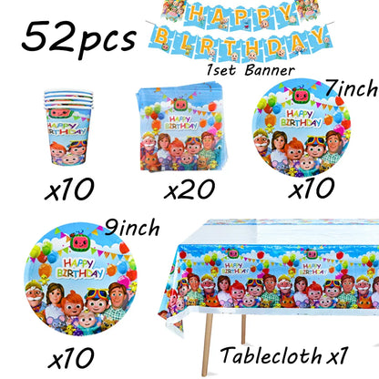 Cocomelon Birthday Party Decoration Tableware Set Birthday Cup Plate Napkin Tablecloth Cake Topper Balloon Party Favors Gifts
