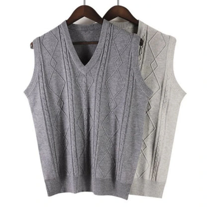 Business Jacquard Men's Sweater Vest Thick Knitted Solid Color Simple Pullover Autumn Winter Waistcoat