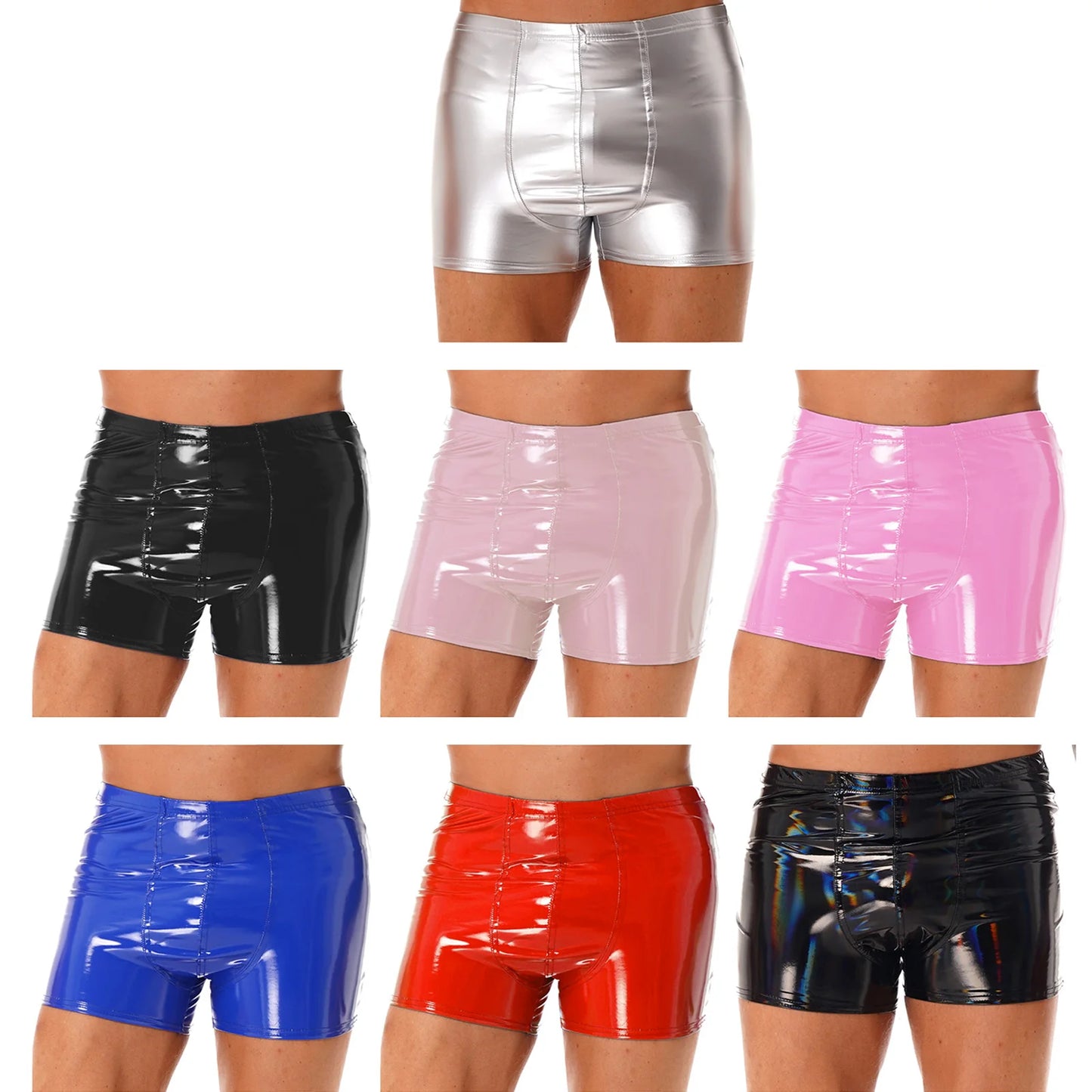 Men Latex PVC Shiny Leather Solid Shorts Pole Dance Costume Bulge Pouch Boxer Briefs Underpants Underwear Short Pants Clubwear