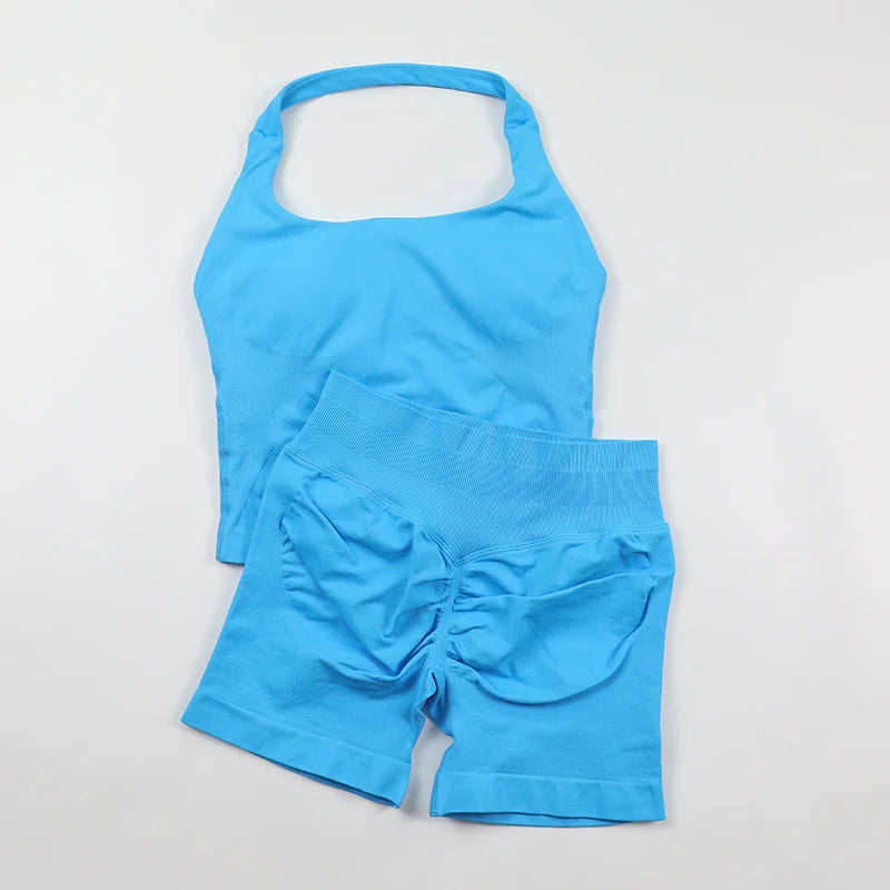 Women's Halter Neck Backless Yoga Set Seamless 2-Piece Outfit Ribbed High-Waist Scrunch Shorts Butt Lifting Gym Pilates Fitness