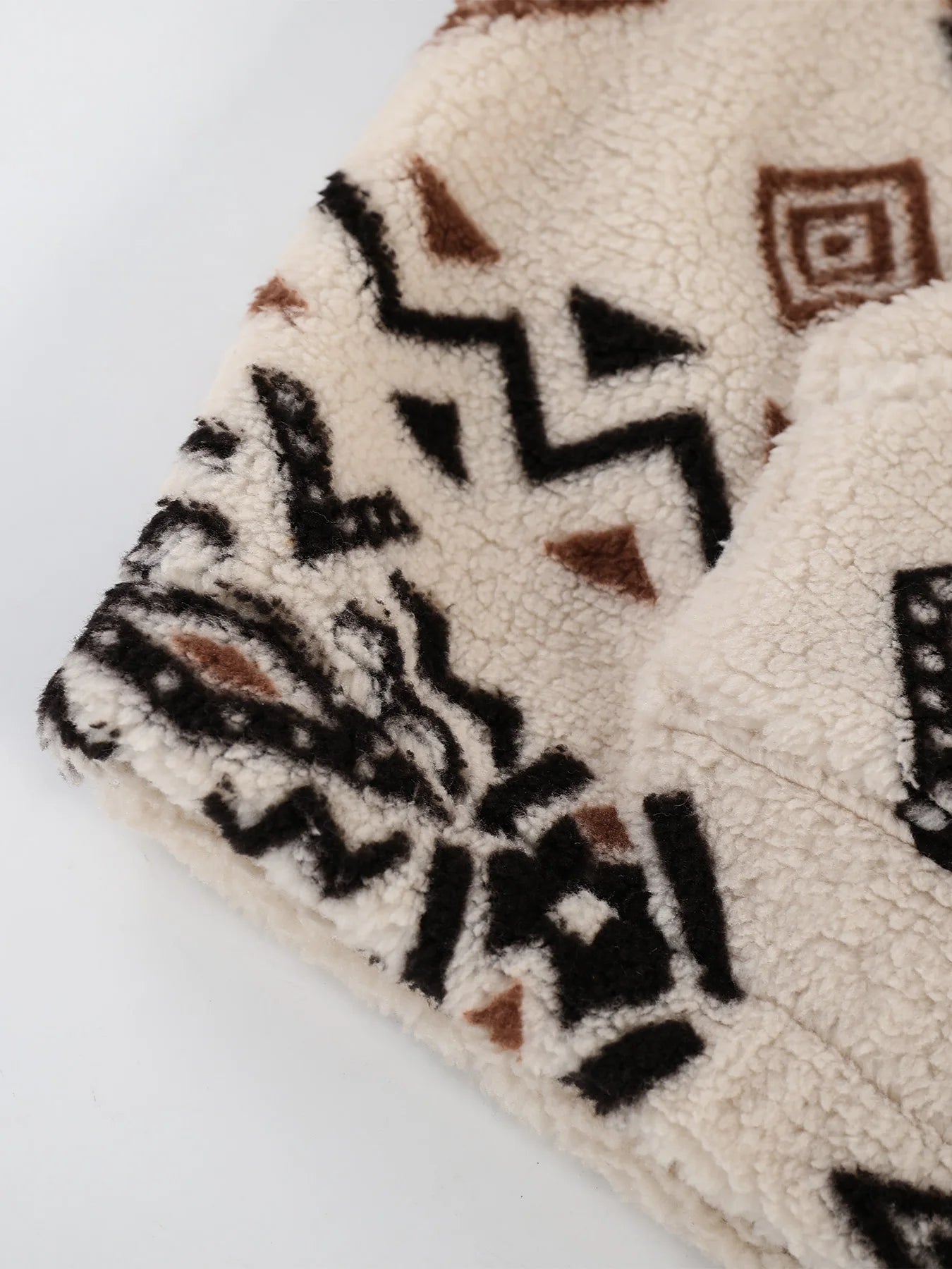 Men's Aztec Ethnic Style Color Block Sherpa Fleece Stand Collar Jacket Winter Thick Warm Fleece Casual Coat