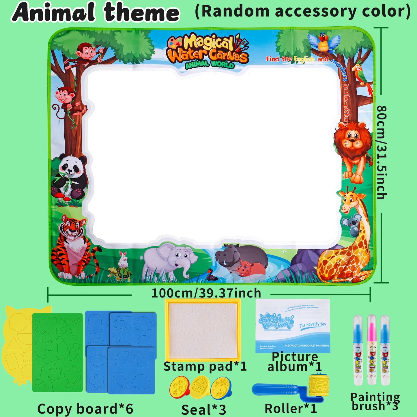 MQUDUO Boys Girls Water Painting Mat, Large Reusable Doodle Pad with Animal Alphabet Theme for Fine Motor Skill Toy