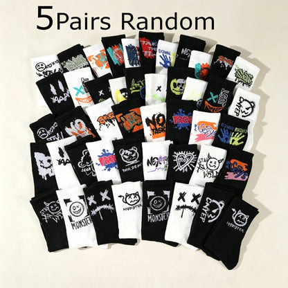5/10/20 Double Random Graffiti Printed Men's and Women's Sports Socks Fun Cool Hip Hop Street Style Multi Color Letter Socks