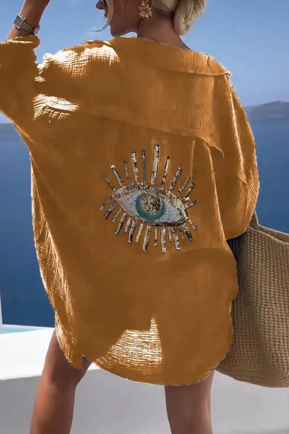 Spring Summer 2024 Women's Casual Evil Eye Shirt Long Sleeve Turn-down Collar Regular Length Other Material 100% Fashion Ladi...