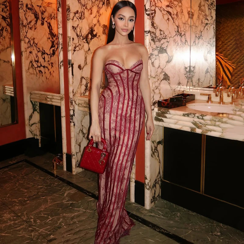 Typhaland Sexy Lace Strapless Maxi Dress Women's Sleeveless Slim Corset Evening Party Dress See Through Fashion Lady Long Dress