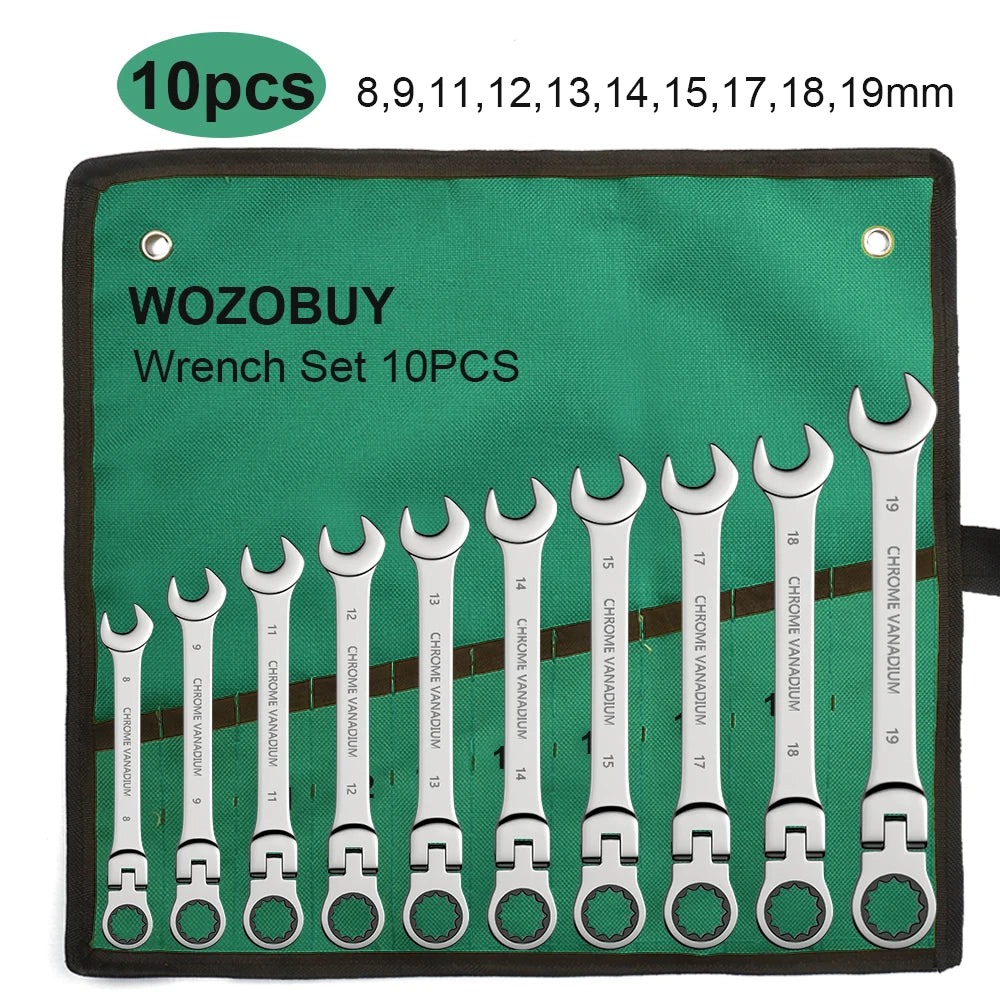 Ratchet Spanner Wrench Set Gear Ring Ratcheting Combination Wrench Kit Metric Flexible Head with Canvas Bag  Metric Flex Head