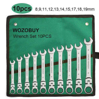 Ratchet Spanner Wrench Set Gear Ring Ratcheting Combination Wrench Kit Metric Flexible Head with Canvas Bag  Metric Flex Head