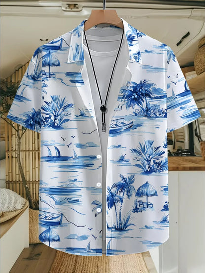 Men's Coconut Tree Graphic Print Short Sleeve Lapel Shirt Tops Men's Casual Button-Down Shirts for Summer Daily Wear Men Clothes