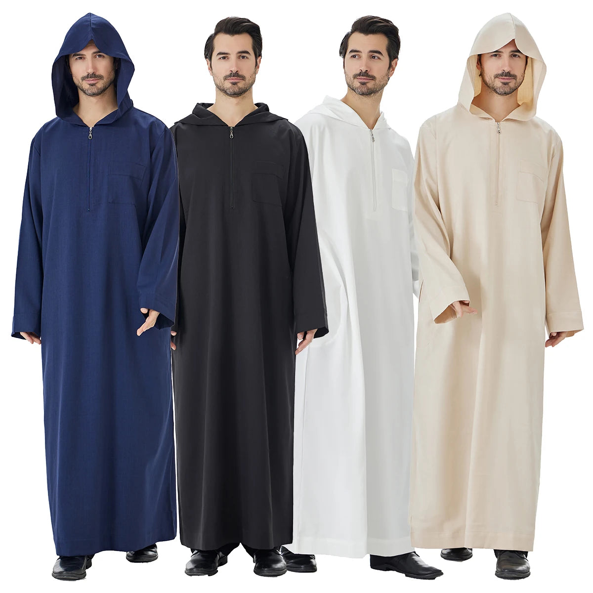 TH848 Men's Muslim Middle Eastern Men Long Sleeves Hooded Solid Color Zipper Robe Arab Male Jubba Thobe
