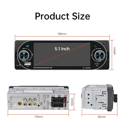 5.1Inch 1Din Car Radio MP5 IPS HD Player Support Wireless Carplay Android Auto Bluetooth FM AM RDS Stereo USB WIFI Video Player