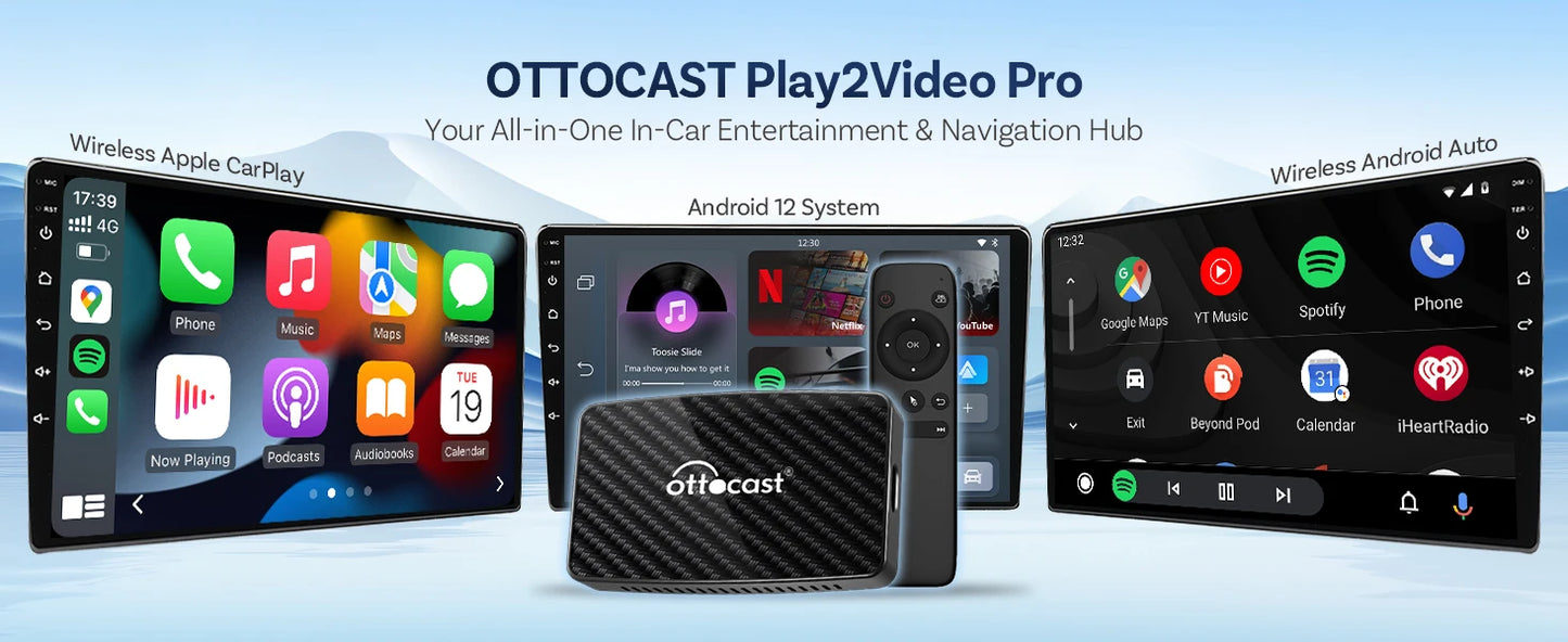 Ottocast Play2video Pro AI Box Wireless Carplay Android Auto Adapter Netflix Dongle Video Playback 1080p Screen Mirror for Cars