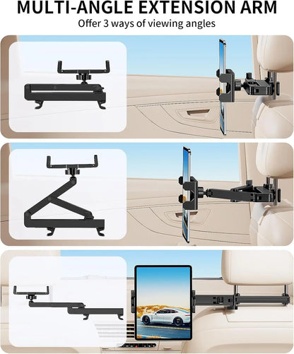 Tablet Holder for Car Headrest 3 in 1 Sturdy upgrade Extension Arm Adjustable iPad Car Mount for BackSeat