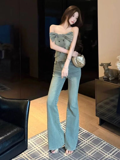 Sexy Slimming Bell Bottoms Two Piece Set with Strapless Denim Vest And  Knot Top for Young Women Spring Fashion