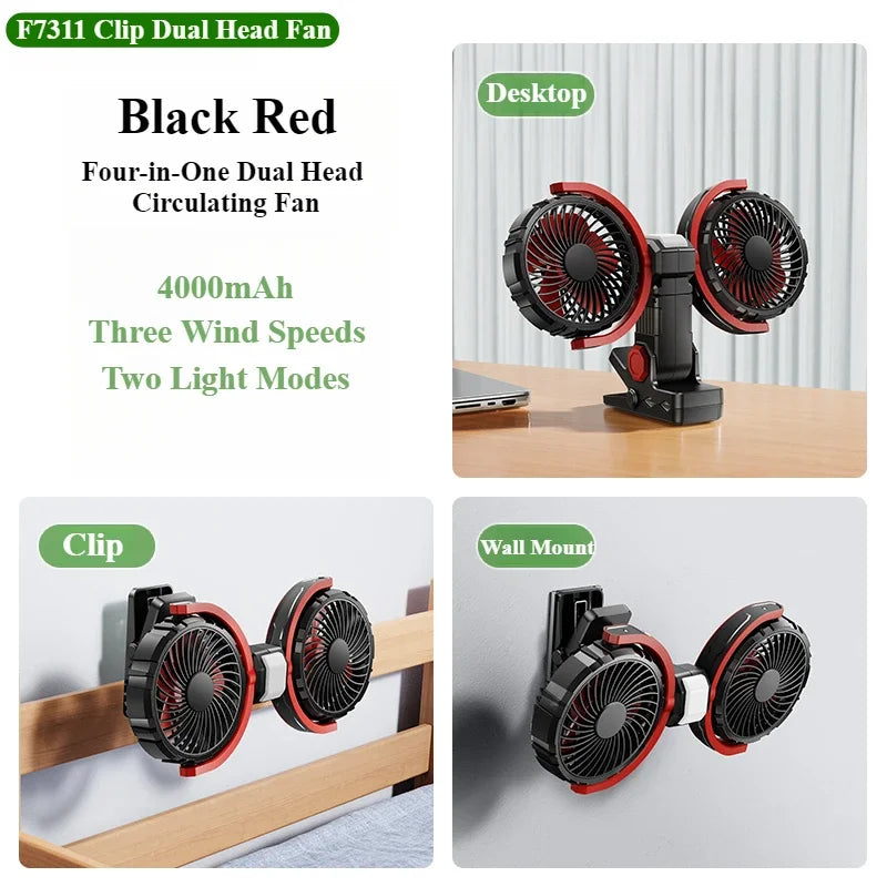 Hipacool Car Clip Dual Head Fan 360° Rotatable 4000mAh 3-Speeds Two Light Modes USB Rechargeable Desktop Cooling Air Fan