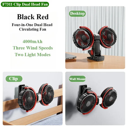Hipacool Car Clip Dual Head Fan 360° Rotatable 4000mAh 3-Speeds Two Light Modes USB Rechargeable Desktop Cooling Air Fan