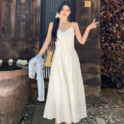 Slimming White Strapless Long Dress Simple French Style A-Line Midi Dress Women's Summer Fashion Sensation Waist-Cinching Dress