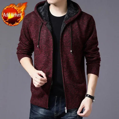 Knit Sweater Male Zipper Plaid Men's Clothing Cardigan Hoodies Zip-up Thick Winter Red Tops Jumpers Casual Stylish Hot Cheap A