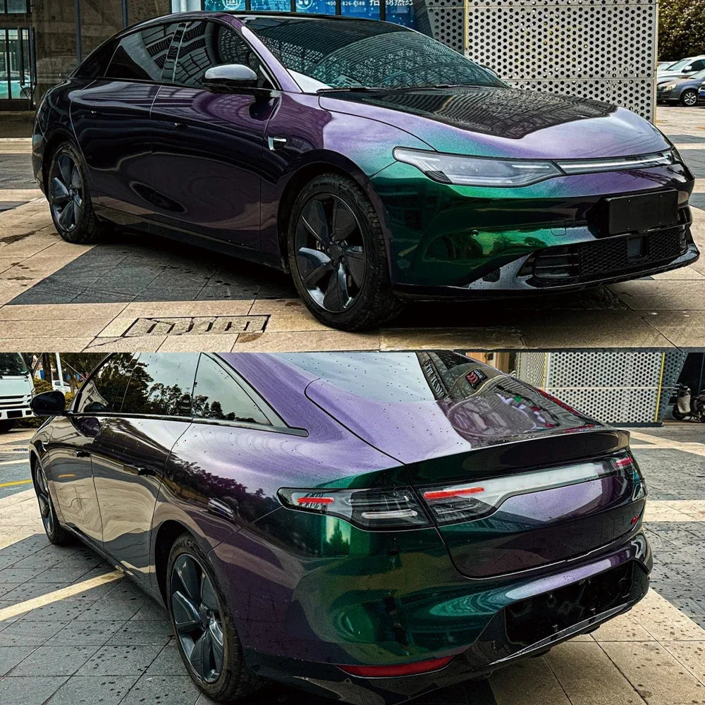 Car Wrap Vinyl Film Glossy PET Diamond Purple&Green PVC Car Engine Hood Decal Self Adhesive Motorcycle Auto Body Decoration Film