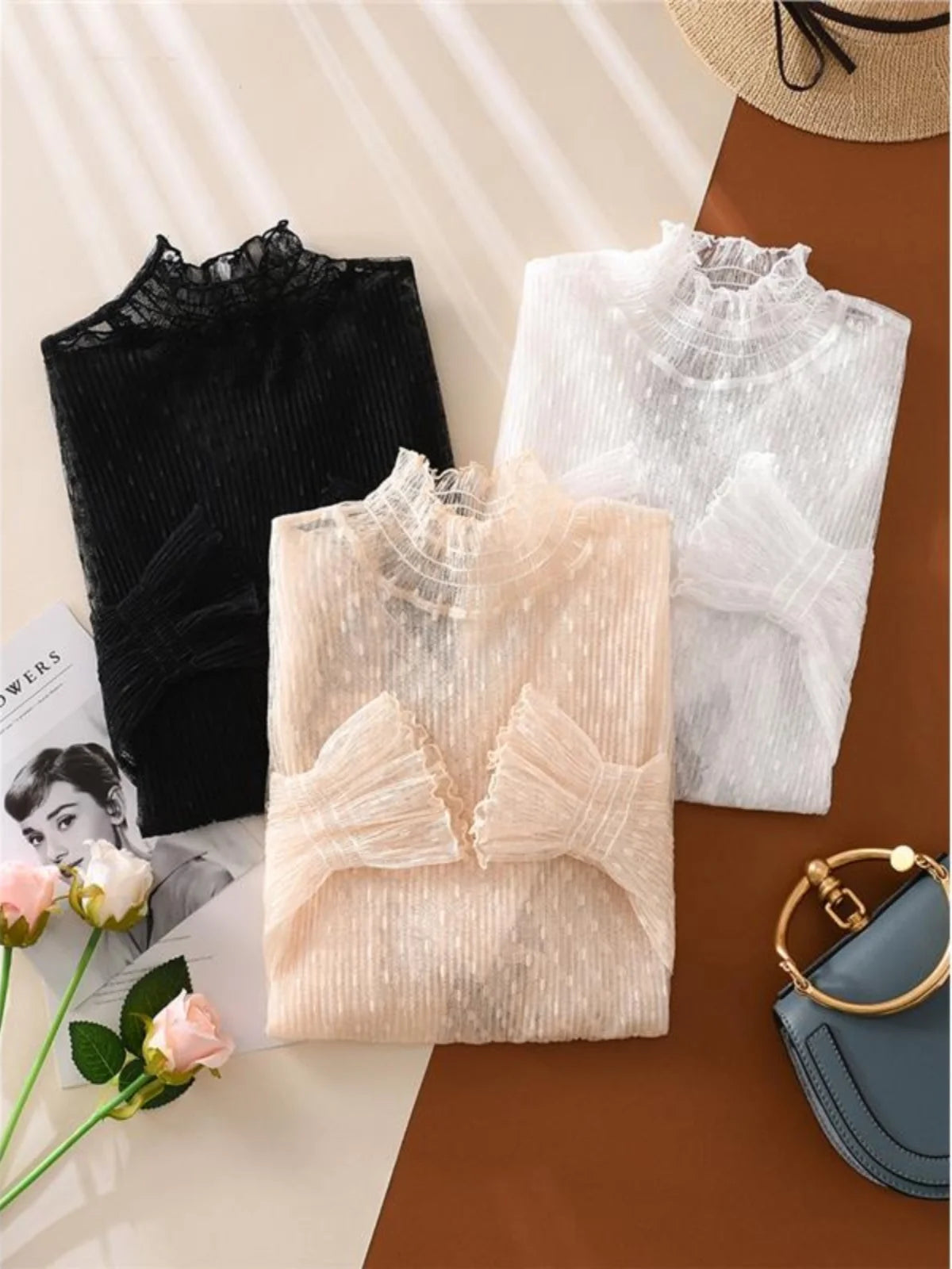 Elegant High Collar Lace Base Shirt Women's Long Sleeve Autumn Winter Fashion Inner Wear Polka Dot Mesh Top Straight Cut Holl...