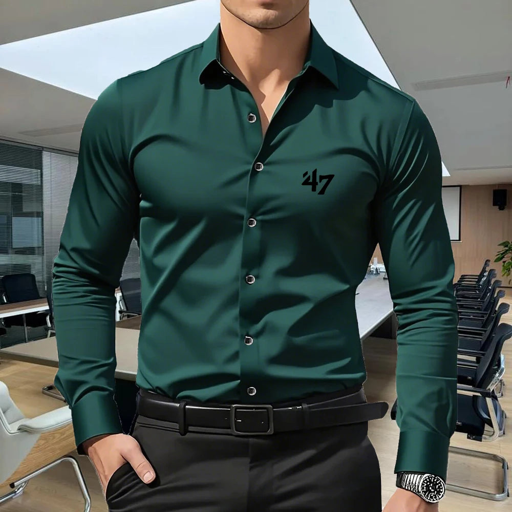 Men's Premium Business Casual Shirt MILANO Logo Print Slim Fit Long Sleeve Wrinkle Resistant Dress Shirt Multi Styles Available