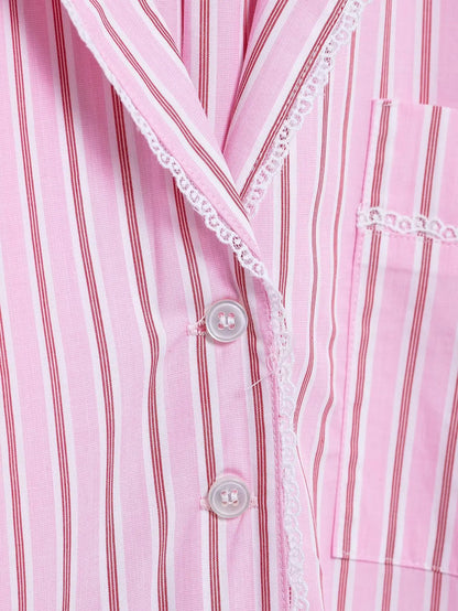 HH Women Striped Pants Suit Lapel Pocket Single-breasted Blouse+Side Zipper Lace Short Top+High Waist With Belt Poplin Pant