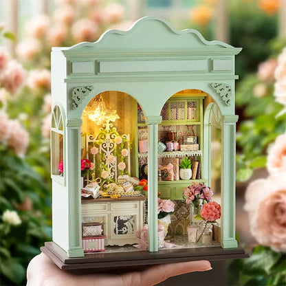 DIY Miniature Dollhouse Kit with LED Light Handmade Wooden Flower Shop Book Nook Creative 3D Puzzle Model Building Set for Gifts
