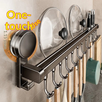 Suction Cup Kitchen Storage Rack Hook Rod No Drill Required Pot Spatula Spoon Knife Integrated Wall-Mounted Storage Rack
