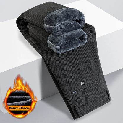 Winter Fleece Warm Corduroy Pants Men's Brown Classic Loose Business Straight Casual Trousers Thicken Warm Plush Velvet Clothes