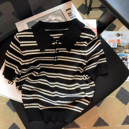 Summer New Polo Collar Fashion Short Sleeve Polo Shirts Women High Street Casual Striped Contrast Color Button Knitting Pullover