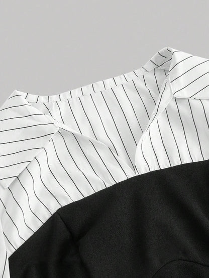 Women's Fashion Striped Spliced Lapel Shirt Elegant Fashion Style Business Casual Office Wear